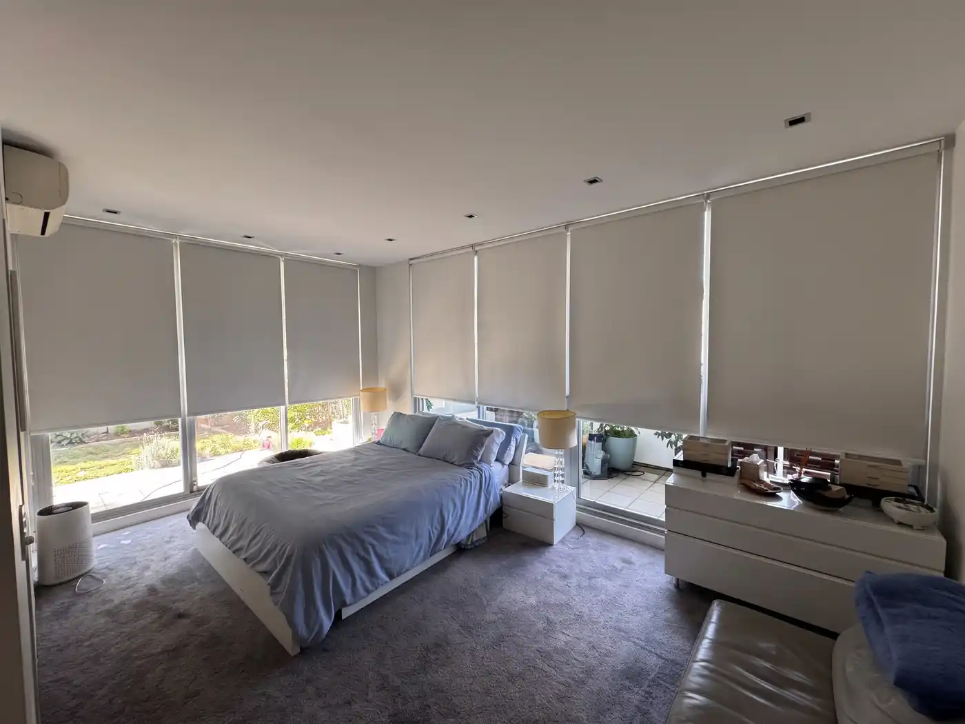 After — A bedroom that finally goes dark, roller blinds by Crown Curtain and Blind