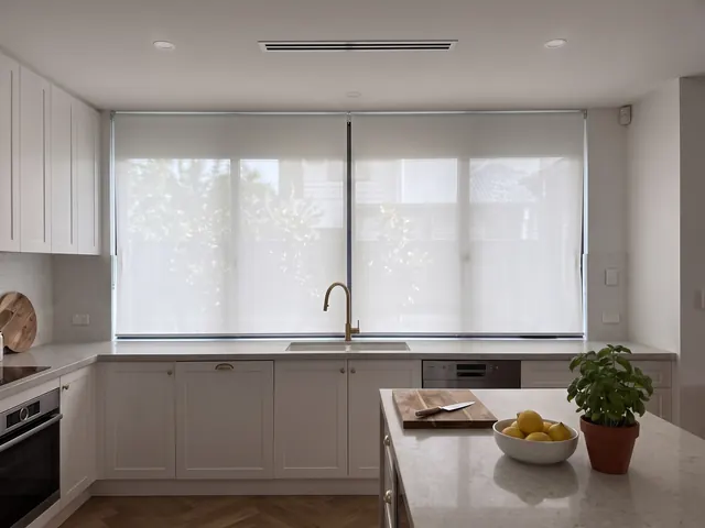 Roller blind in a kitchen — Wipe-clean fabric above the sink